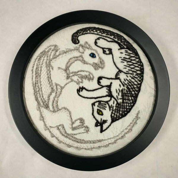 cat and dragon framed embroidery